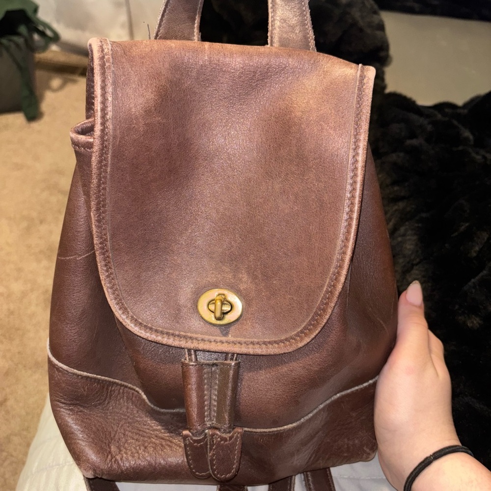Coach Brown Leather Backpack with Gold Turnlock